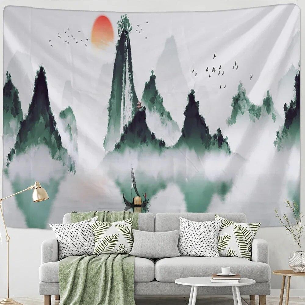 Chinese Lotus Tapestry Wall Hanging Psychedelic Hippie Bohemian Style Art Painting Bedroom Living Room Home Decor