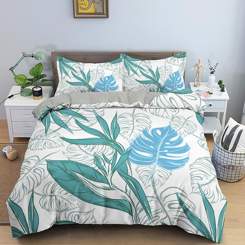 Комплект постельного белья с зелеными листьями для девочек и мальчиков, для детей, двуспальная кровать, двуспальная кровать, пододеяльник, наволочка, стеганое одеяло из полиэстера в мультяшном стиле