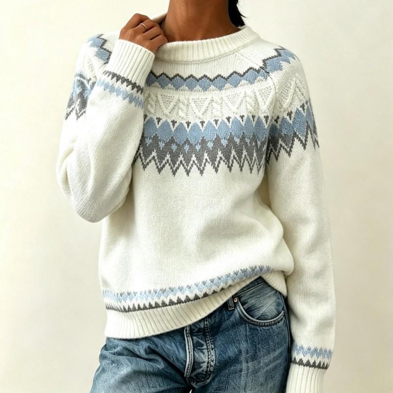 Vintage Fall Winter Womens Fair Isle Knit Cardigan Round Neck Loose Button Sweater Coat