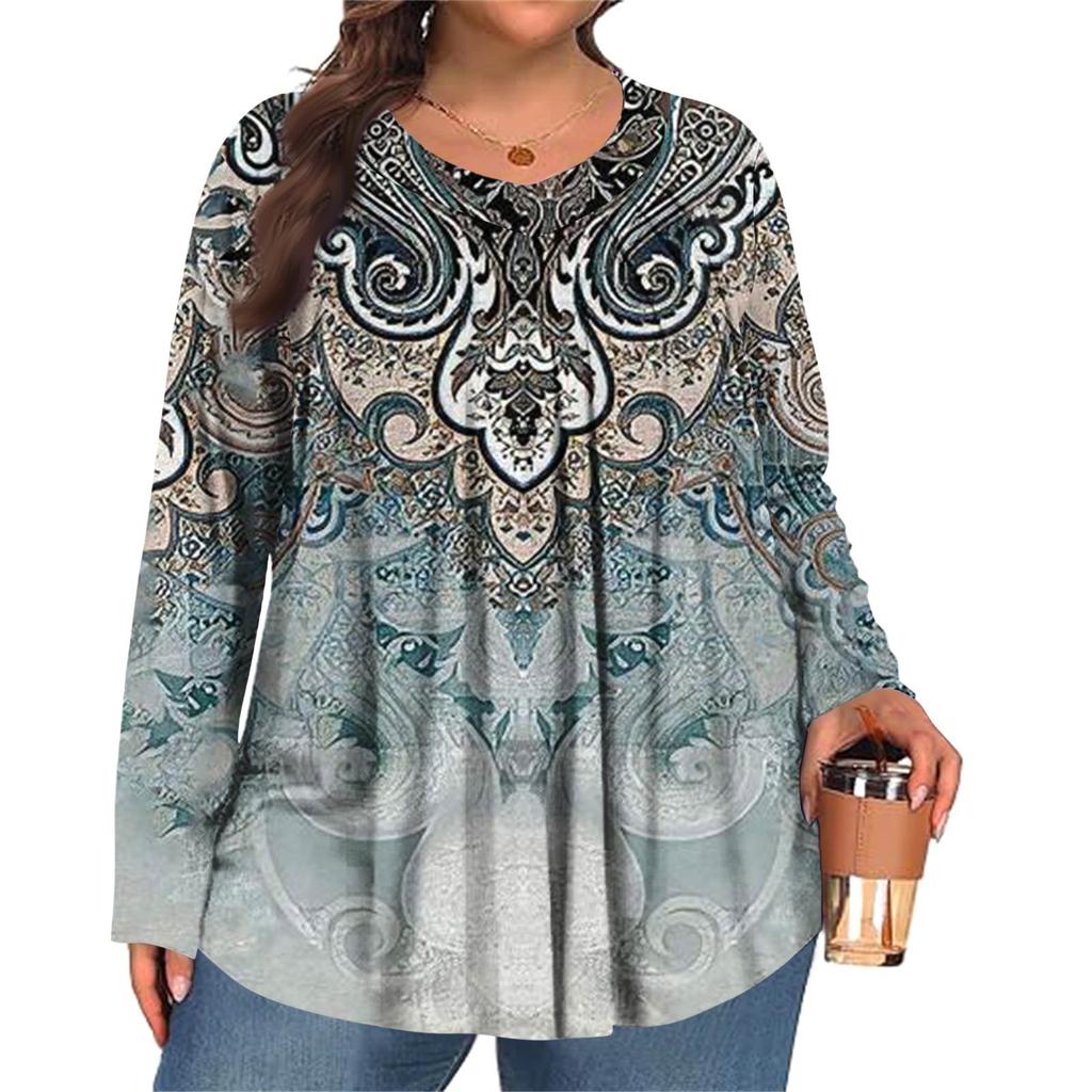 Женский модный топ большого размера с принтом, повседневный плиссированный, с круглым вырезом и длинными рукавами