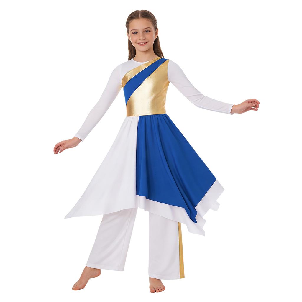 Girls Metallic Contrast Asymmetrical Hem Dress Wide Leg Pants Lyrical Praise Dance Costume Set