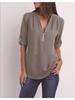 Shirt V-neck Zipper Plus Size Women's Long Sleeved Loose Chiffon Shirt with Adjustable Sleeves