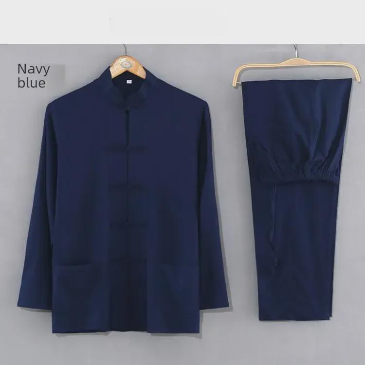 Мужской костюм Тан из хлопка и льна: Длинный рукав кардиган в китайском стиле Ханьфу из двух частей для людей среднего и пожилого возраста