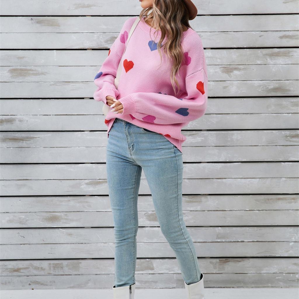 Женский свободный повседневный модный свитер с круглым вырезом и сердечком, вязаный свитер-рубашка