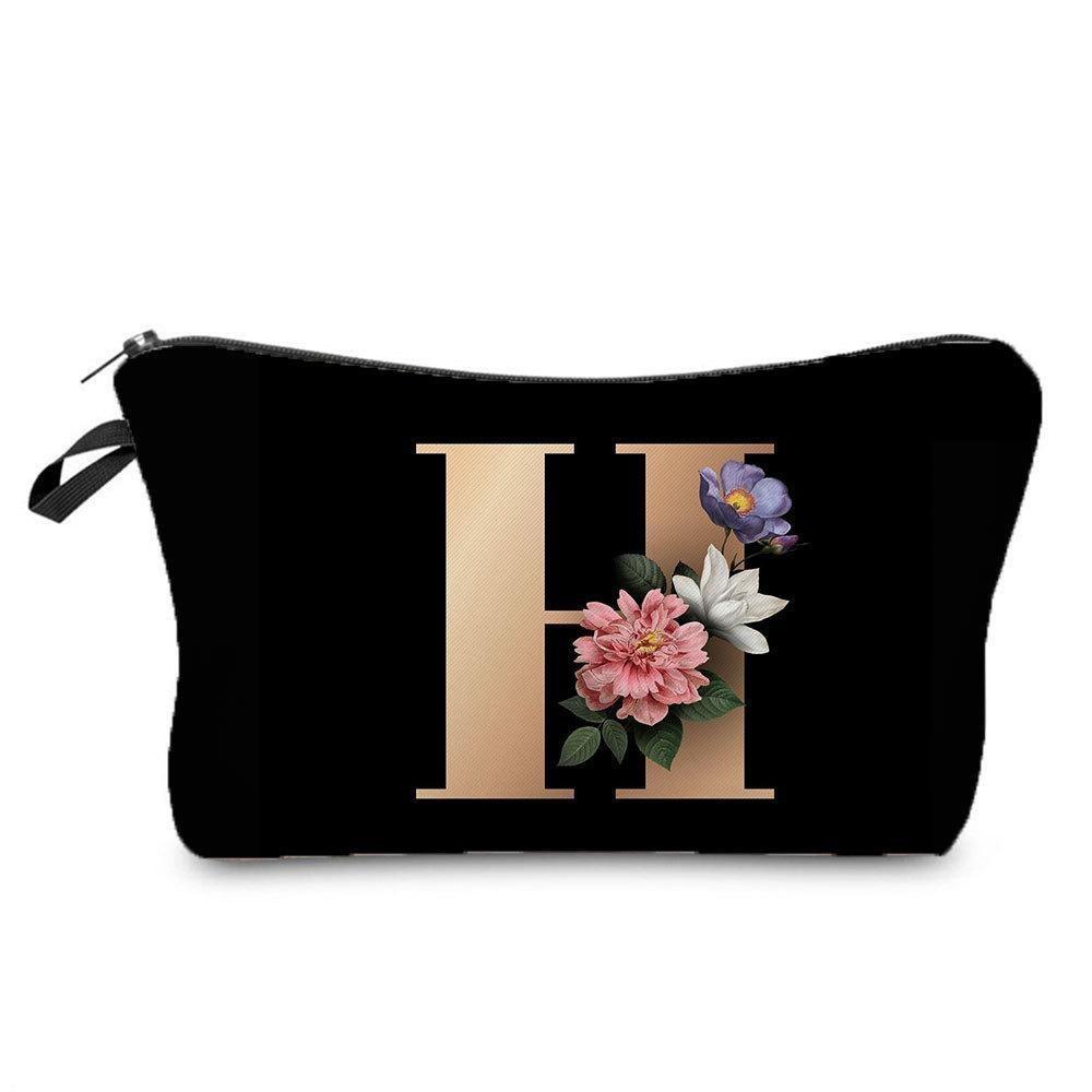 26 Initials Flower Cosmetic Bag A-Z Letter Makeup Bags Women Travel Bridesmaid Gift Ladies Portable Cosmetic Case Beauty Bag