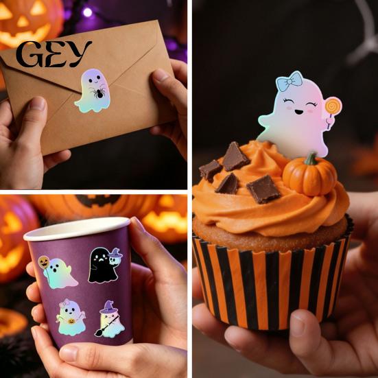 Cute Ghost Decals for Gift Wrapping Gradient Color Stickers Roll, Self-Adhesive Halloween Craft Supplies Kids Decorative Decals, Die-cut Labels