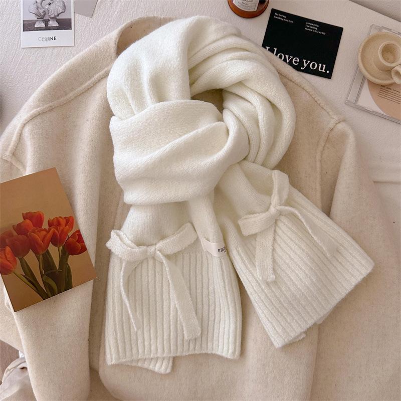 Женский однотонный вязаный шарф, женский осенне-зимний высококачественный теплый шарф из шерстяной пряжи, универсальный и модный галстук-бабочка