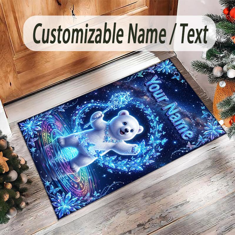 Teddy Bear Theme Crystal Velvet Rug Personalized Custom Name Text Soft Floor Mat Home Decor
