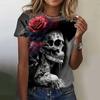 Summer Round Neck 3D Rose Skull Pattern Printed Top Fashionable Casual Short Sleeved Women's T-shirts