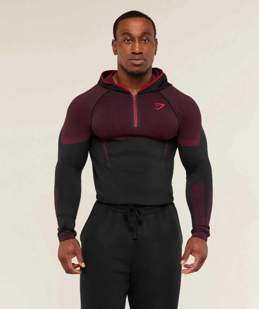 Мужская фитнес-футболка с длинным рукавом и капюшоном GYMSHARK Onyx с высокой эластичностью