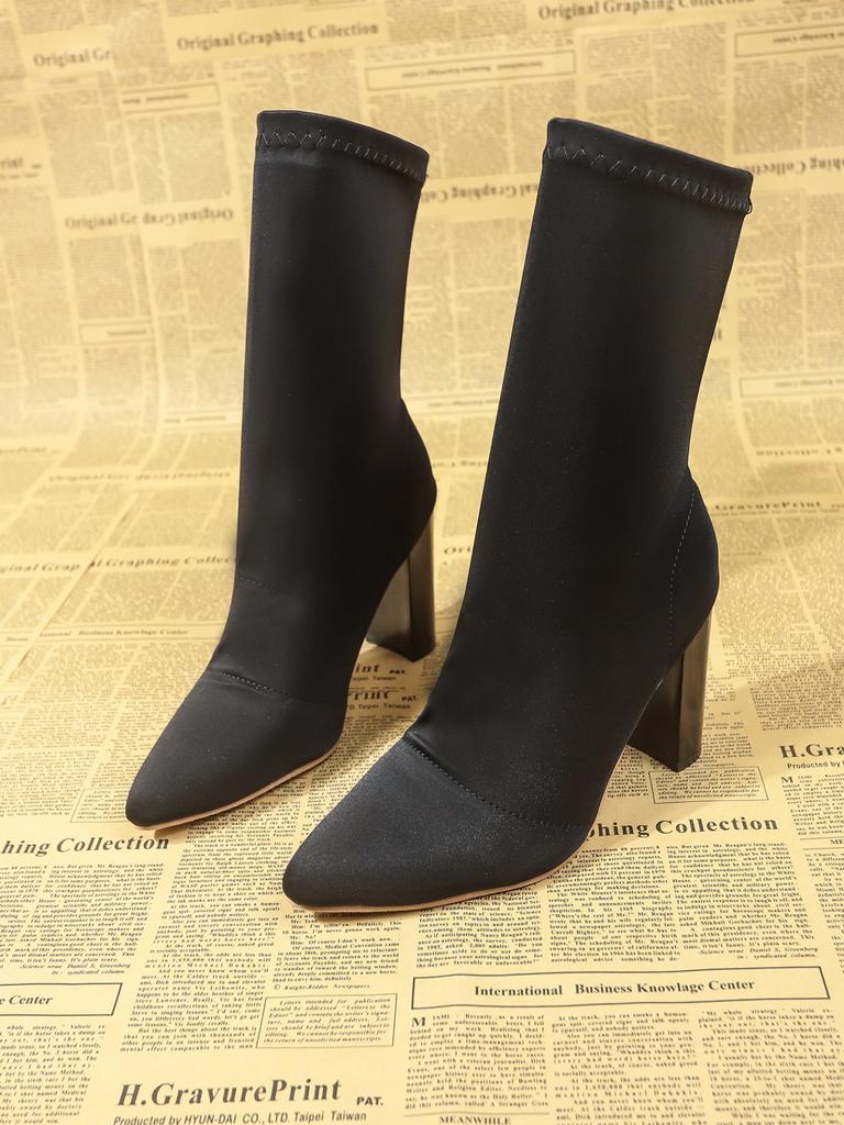 Women Fashion High Heel Solid  Wood Grain Square Heels Socks Boots Women Sock Boots Suede Pointed Toe Sexy Shoes Toe  Ankle Boo