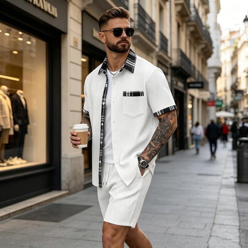 Men S Waffle Plaid Short Sleeve Shirt And Shorts Two Piece Set