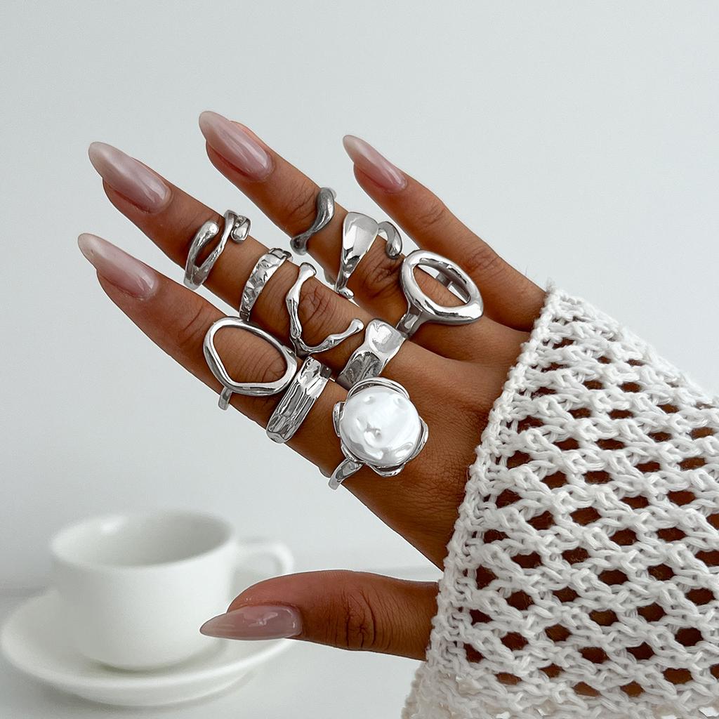 Personalized Exaggerated Imitation Pearl Ring Hand Jewelry, Retro Irregular Liquid Lava Ring Set