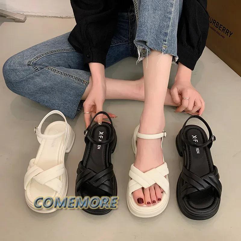 Fashion Summer 2024 New Women's Fashion Platform Cross-toe Sandals Comfortable Casual Shoes Luxury Sandals Heels Woman Round Head Beach