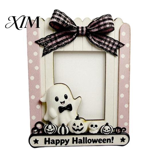 Desktop Ornament Halloween Wooden Photo Frame, Cute Ghost Butterfly Cat Tabletop Decor Pumpkin Frame with Stand, Sweet Kawaii Picture Holder for Desk