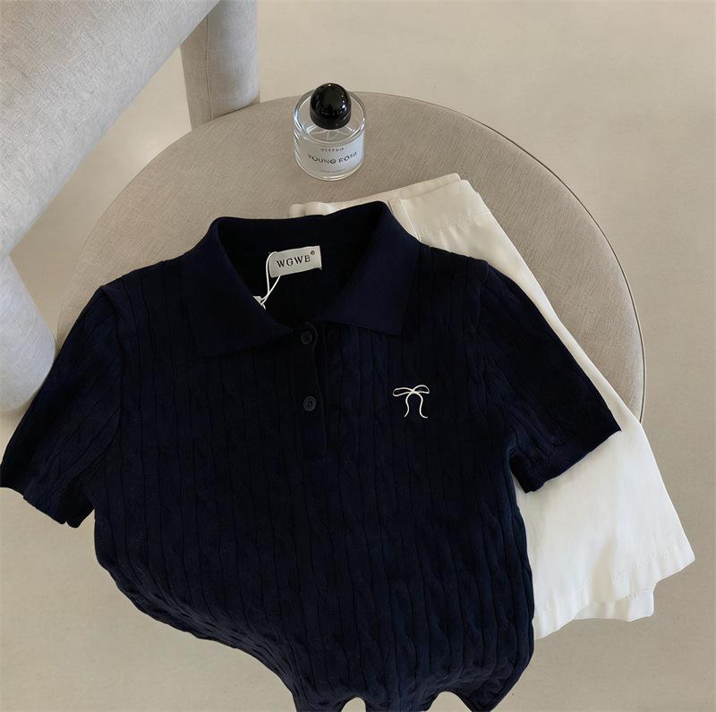Polo neck knitted short-sleeved women's 1116 new embroidered retro college twist sweater