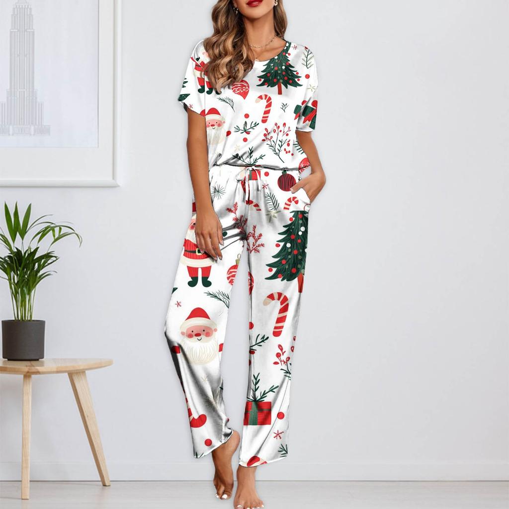 Женский шелковый атласный пижамный комплект с рождественским принтом, рубашка с коротким рукавом и длинные пижамные штаны, мягкая домашняя одежда