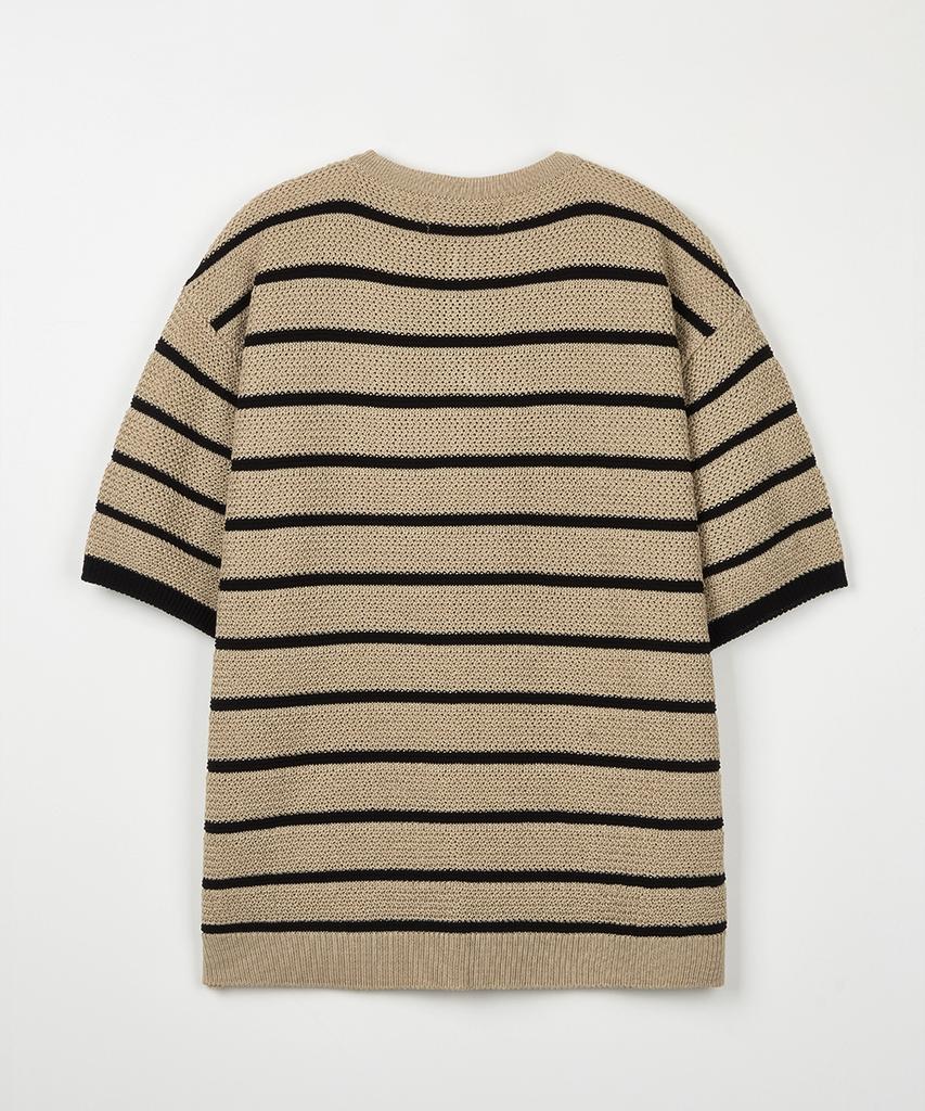 NODU Henley Neck Striped Short Sleeve Knit [3 Colors]