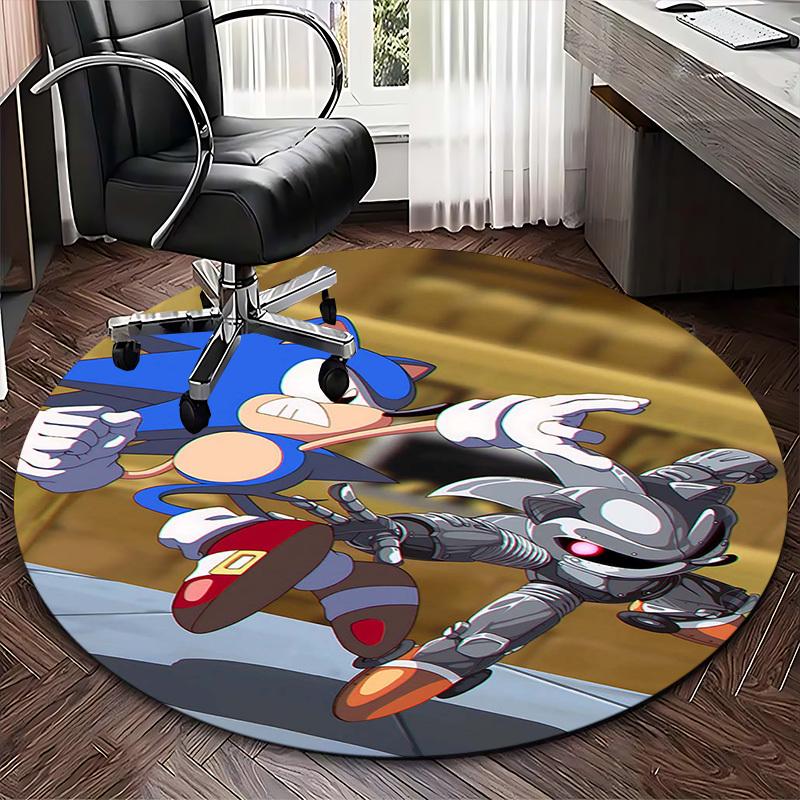 1pc Sonic the Hedgehog Robotnik Anime Cartoon Design Round Carpet for Office Chair Mat, Non-Slip Rug Suitable for Home Decor, Living Room, Bedroom, Ga