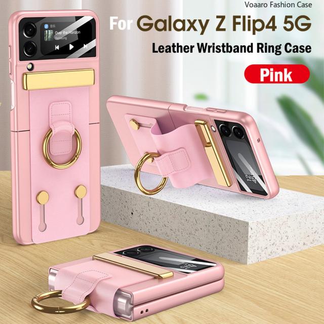 Funda For Samsung Galaxy Z Flip 4 5g Case Leather Wristband Ring Bracket Cover For Samsung Z Flip 4 Strap Case With Camera Film