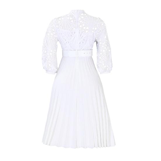 Женское платье миди 45720 с рукавами, кружевное вязаное крючком, с ажурной перфорацией, плиссированное, расклешенное
