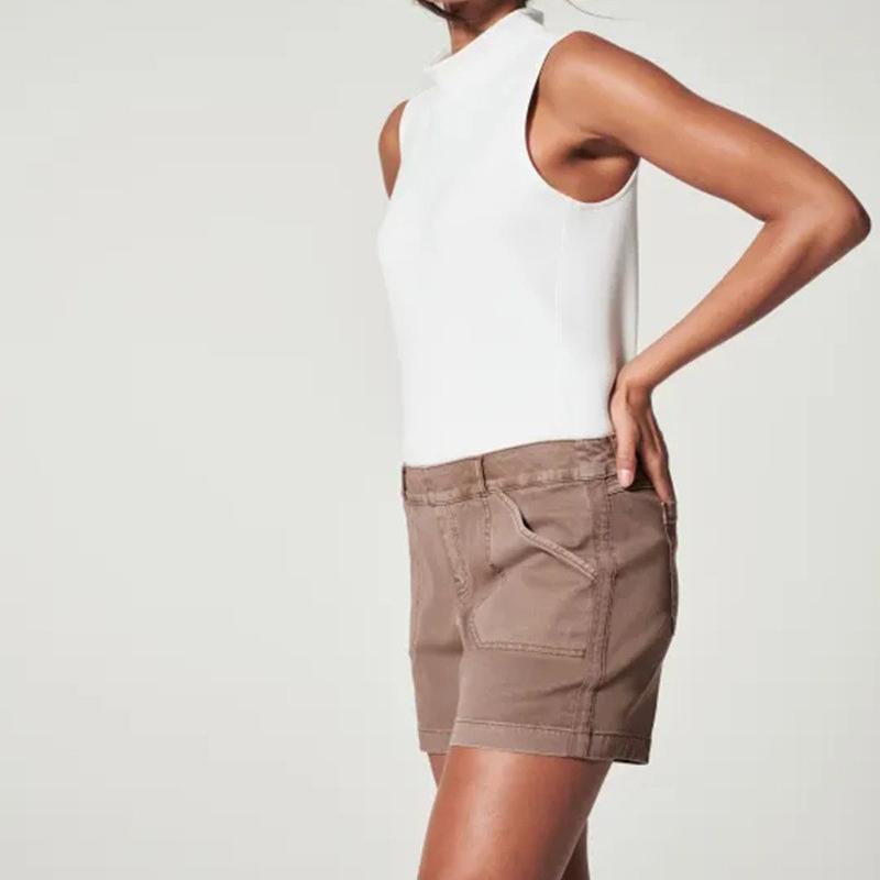 Летние женские модные простые однотонные брюки с карманами, повседневные шорты из эластичного твила с подъемом бедер