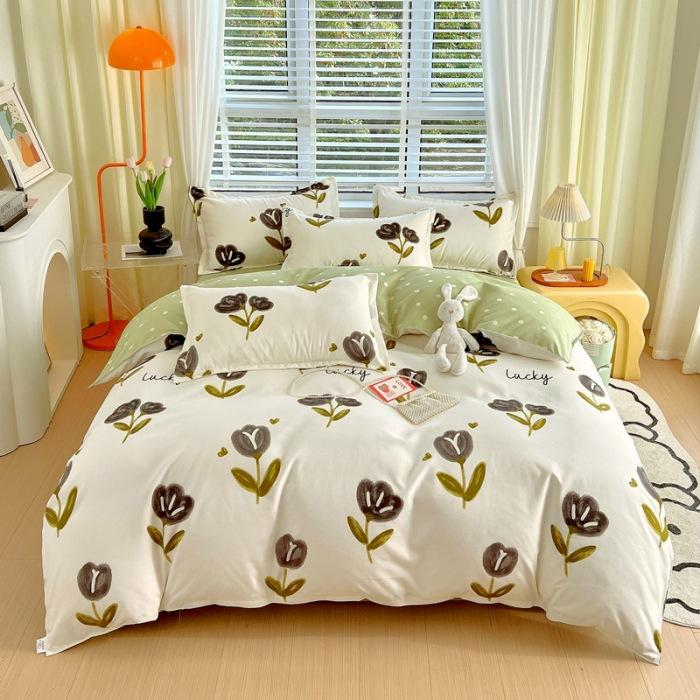 Утолщенный потертый комплект из четырех предметов, осенне-зимний комплект из хлопка из 4 предметов, простыня, пододеяльник, комплект наволочек, постельное белье.