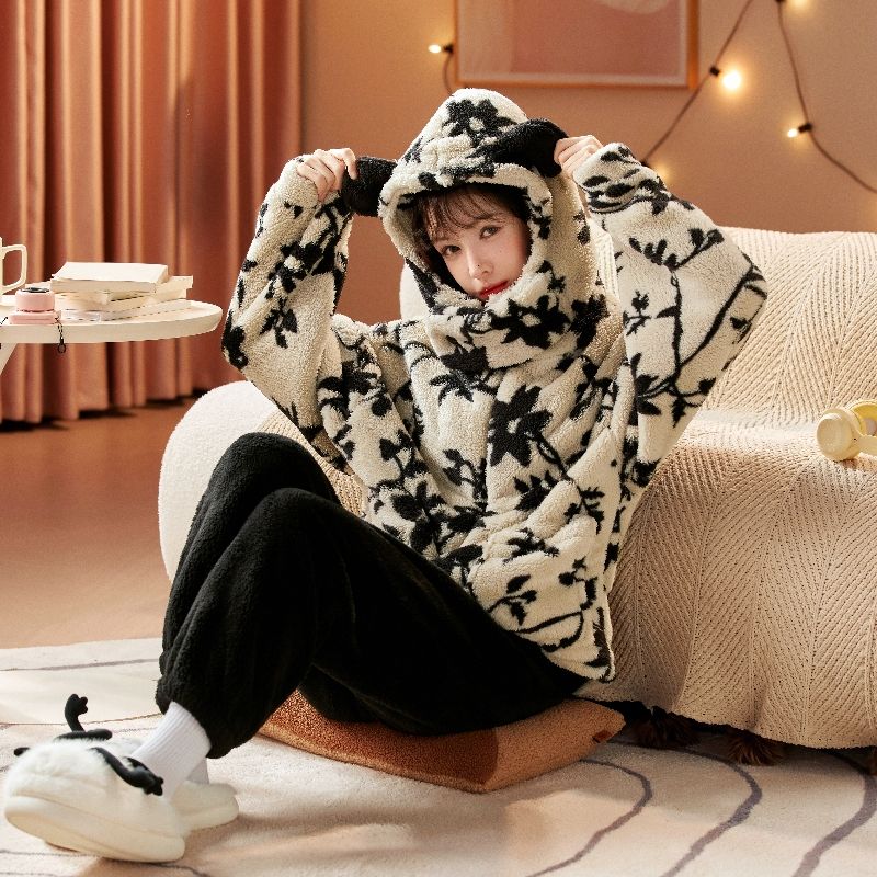 Пижама женская осень/зима фланелевая флисовая плотная ночная рубашка длинная милая коралловая флисовая домашняя одежда комплект можно носить на улице удобно