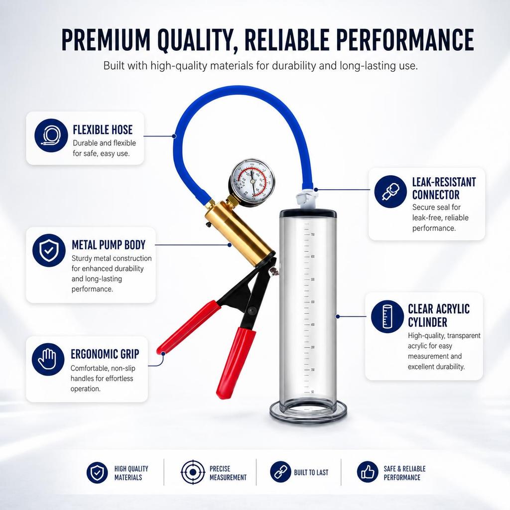 Male Vacuum Pump Sex Toy with Clear Measuring Cylinder Blue Hose Red Handle Gauge and Man Masturbation Training Device
