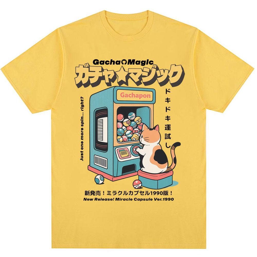 Japanese Style Cat Gashapon Toy Capsule Print T Shirt Harajuku Vintage Fashion T Shirts Men Women Oversized Cotton Casual Tees