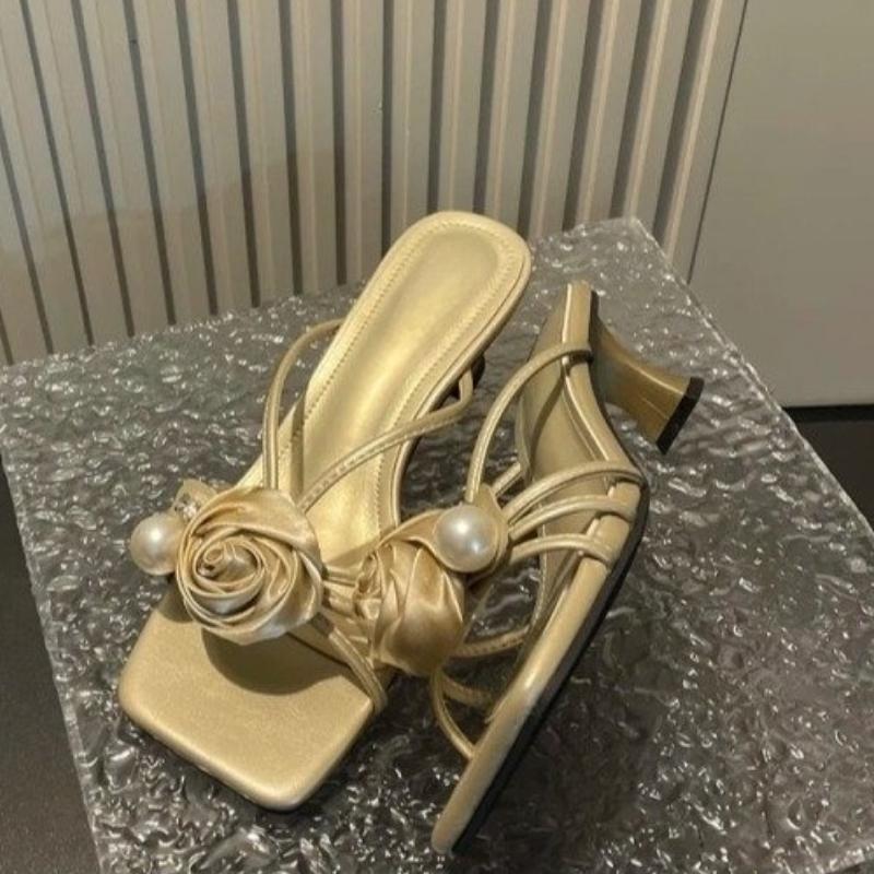 Fashion Shoes Slippers Women Summer Slides Thin Heels Fashion Heeled Mules Flower Low Pantofle Luxury High 2025 Rome Rubber Floral Fabri