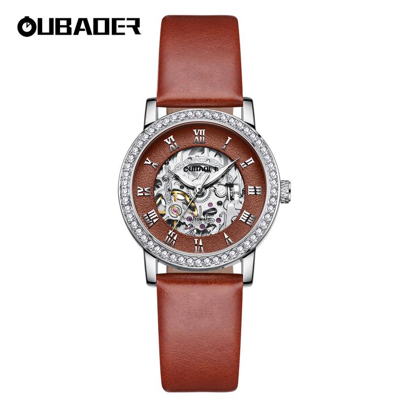 Женские повседневные механические часы OUBAOER с циферблатом с римскими цифрами, водонепроницаемый дизайн