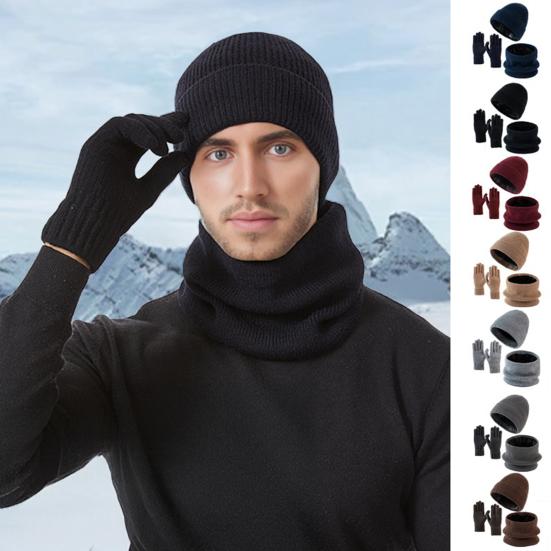 3Pcs/Set Winter Hat Scarf Gloves Set Solid Color Windproof Brimless Hat Neck Warmer Touch Screen Gloves Set