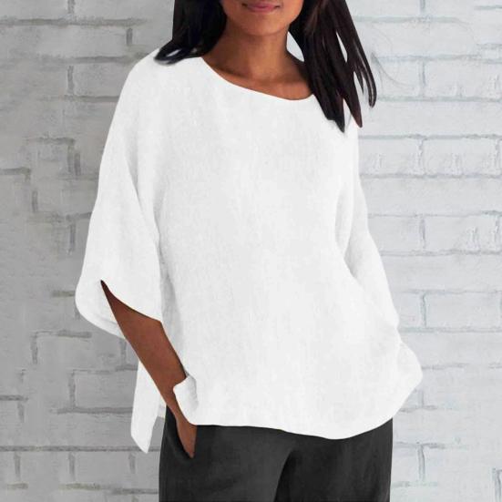 Женская рубашка с рукавом 3/4, повседневная, с круглым вырезом, однотонный пуловер, свободный крой, блузка для отпуска, повседневная одежда