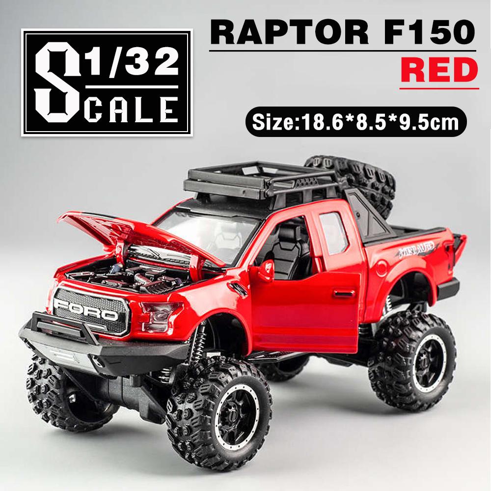 1:32 масштаба Ford Raptor F150, литая под давлением модель автомобиля из сплава с большими колесами, со звуковым светом, откатным автомобилем, игрушки для детей, рождественские подарки,