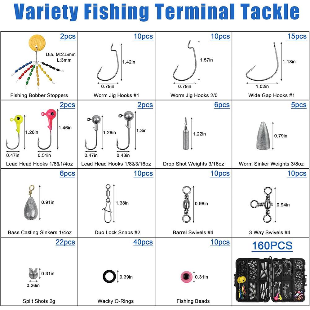 160Pcs Fishing Accessories Tackle Kit Included Fishing Hooks Bobbers Swivels Sinker Weight Fishing Gear Equipment for Bass Trout