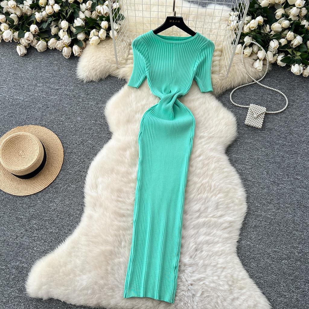 RUGOD сексуальное ажурное трикотажное платье 2025 года, облегающее, с коротким рукавом, с круглым вырезом, французское женское нежное облегающее длинное платье