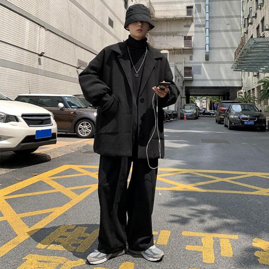 Мужское шерстяное пальто с лацканами, длинный рукав, однобортная ветровка, однотонное свободное пальто средней длины с карманами, официальная одежда