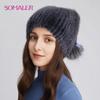 Womens Real Mink Fur Hats Knitted Fur Beanie Caps with Braid Winter Fox Fur Pompom Skull Caps