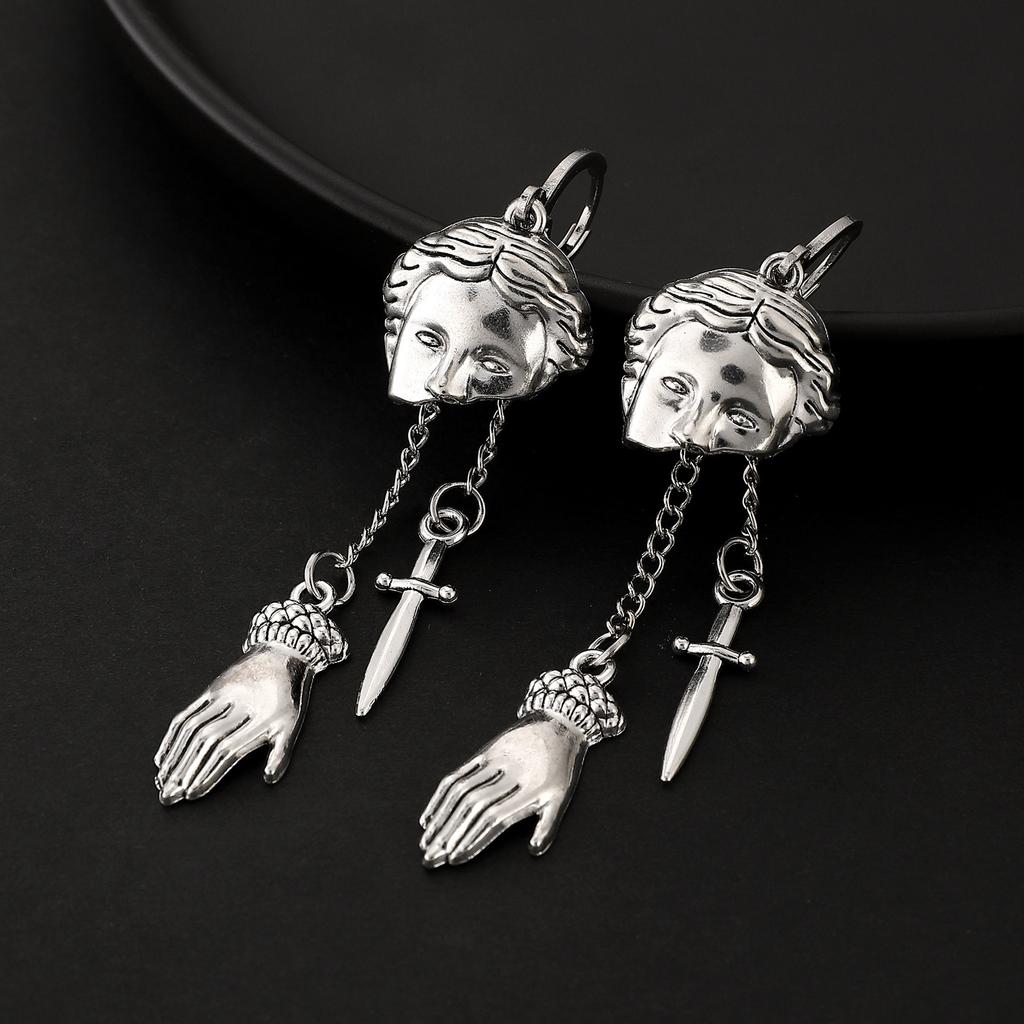 Gothic Punk Metal Retro Silver Color Earrings Sword Ghost Hand Pirate Skull Tassel Earrings Women's Halloween Accessories