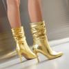 Sexy Women Stiletto Pleated Boots Metallic Gold Silver Thin High Heel Slip-on Short Boots Ladies Size 45