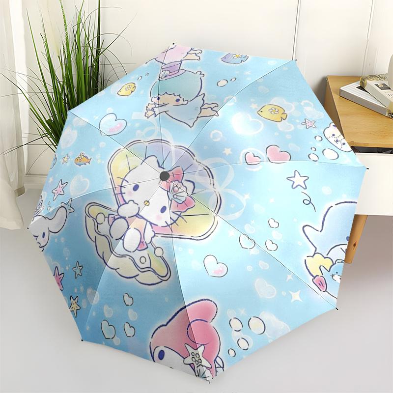 1pc Hello Kitty & Little Twin Stars Automatic Opening/Closing Umbrella - Portable Three-Fold Design with 8-Bone Iron Frame, Outdoor, Perfect Gift for