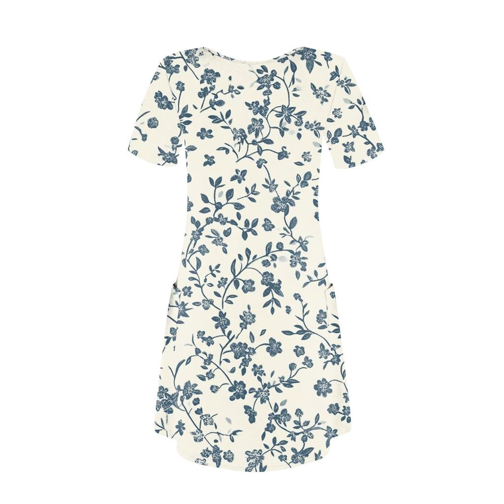Women's Summer Fashion Casual V-Neck Floral Print Short Sleeve Pocket Dress