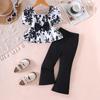 Summer Girls Clothes Suits Puff Sleeves Flower Print Tops and Elastic Waist Black Flare Trousers 2 Pcs Set