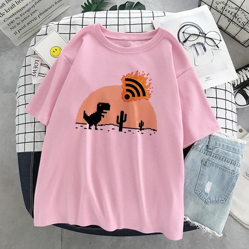 Динозавр Лето Новая Мультяшная Повседневная Панк Женская Футболка с Коротким Рукавом Харадзюку Винтаж Веселая Мода Инс Милая Сладкая Свободная