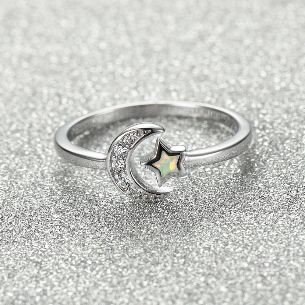 Fashionable White Star Micro Inlaid White Diamond Moon Opening Womens Versatile Ring
