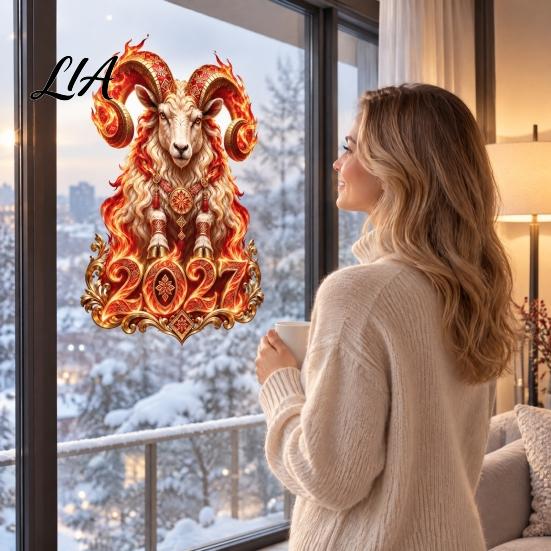 Retail Store Window Displays 2027 Russian New Year Flame Goat Static Glass Sticker, PVC Zodiac Sheep Cling for Home and Holiday Art Decoration,