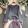 Autumn Winter Women Casual Knitted Sweater Two Piece Set V-neck Pullover Tops and Long Maxi Big Swing Skirt Suit