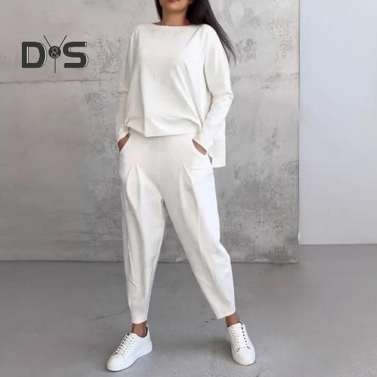 2 Pcs/Set Women Top Pants Suit Round Neck Long Sleeves Solid Color Irregular Sweatshirt Drawstring Elastic Waist Trousers Daily Wear Sport Outfit