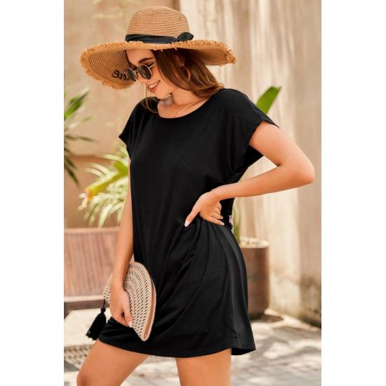 Сарафаны Женское черное платье оверсайз с круглым вырезом и принтом бабочки на спине